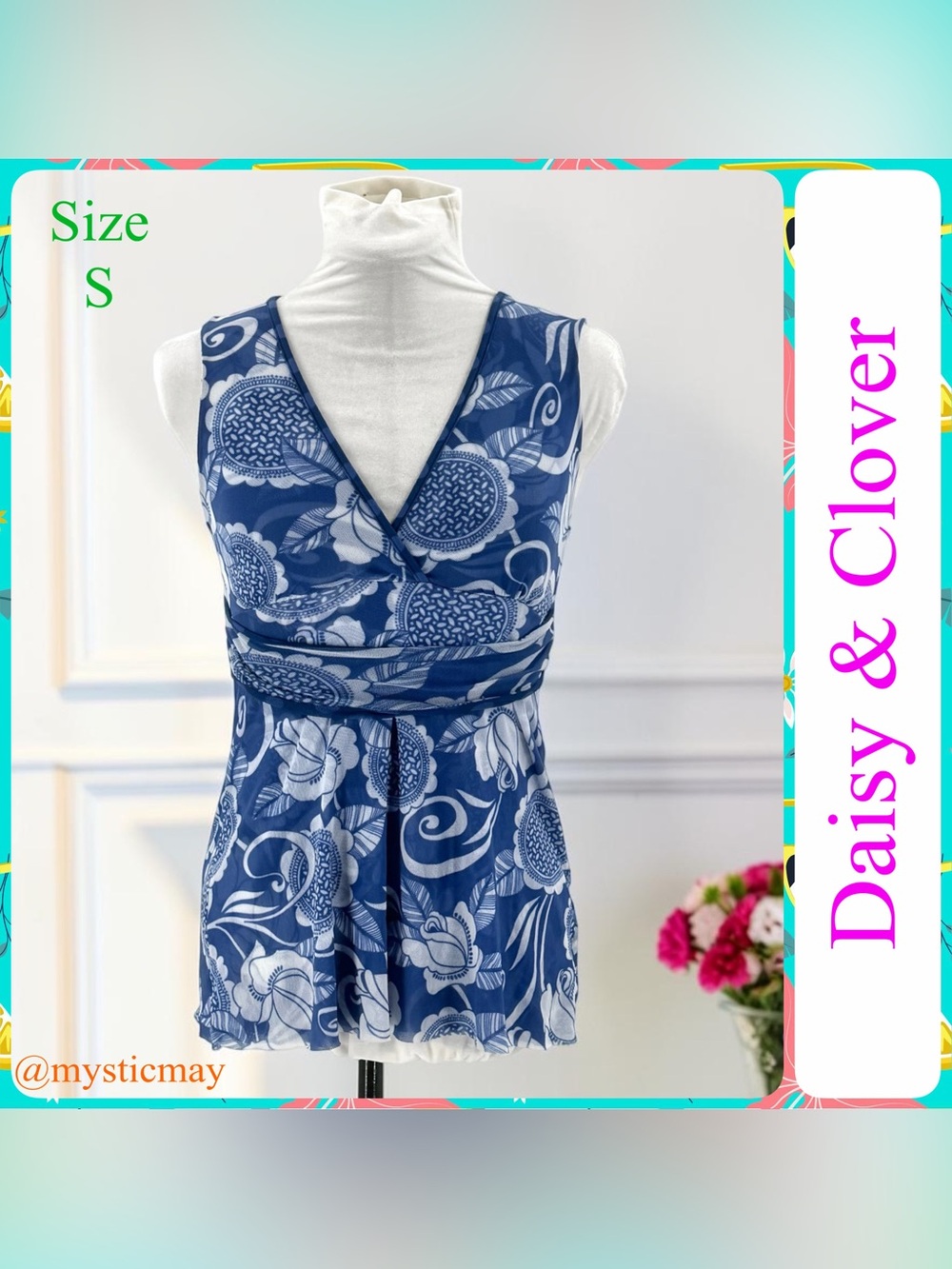 Vintage Y2K Sleeveless Blue w White FLORAL PRINT STRETCH MESH TOP Blouse Size S